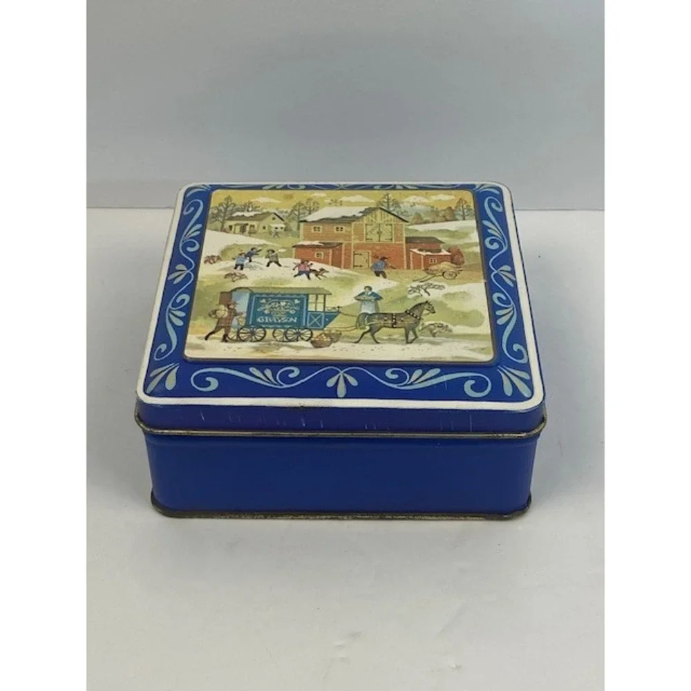 Vintage Crayola Gray Drug Crayon Collection in Daher Winter Farm Scene Metal Tin